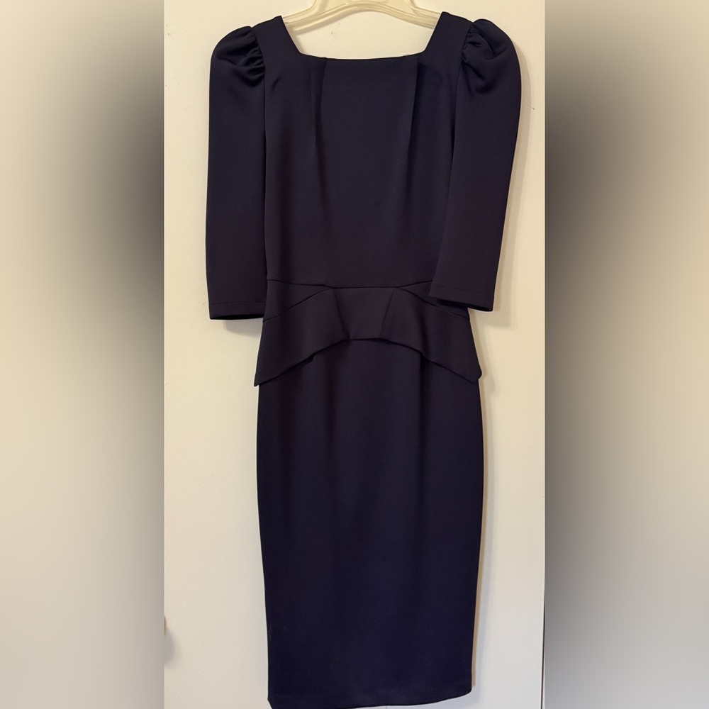 Women’s Dark Purple Midi Dress with Peplum Detail Puff Sleeves L